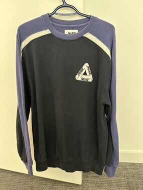 PALACE Black Crewneck Sweater with Purple Sleeves and Cream Accents
